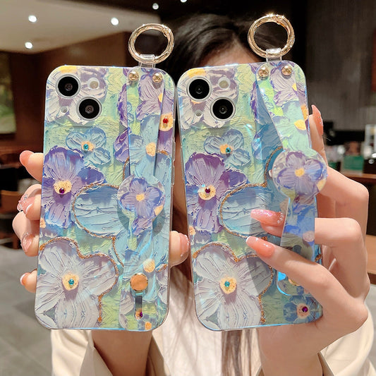 Purple Oil Painting Flower Wristband Holder with Lanyard iPhone Case