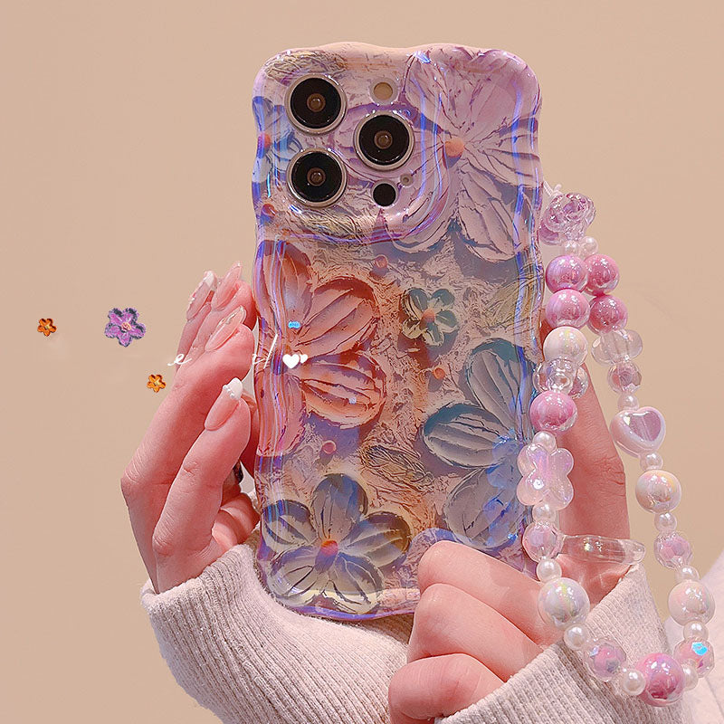 High Quality Blue Light Flower iPhone Case With Lanyard