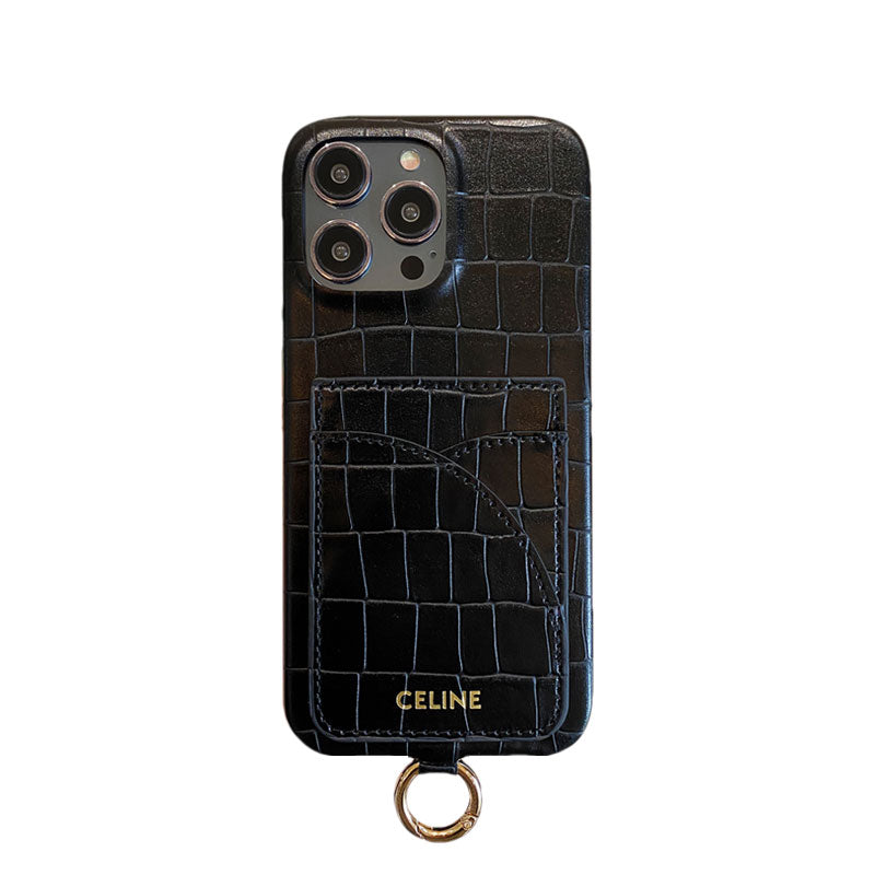 Alligator Print Celine iPhone Case With Card Holder And Strap Brown