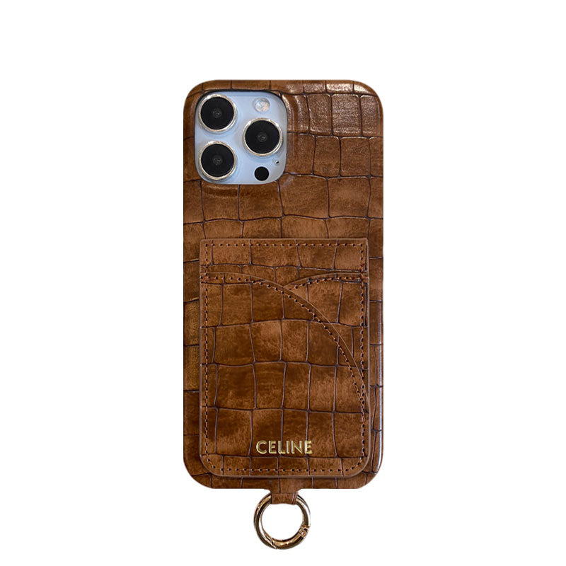 Alligator Print Celine iPhone Case With Card Holder And Strap Green