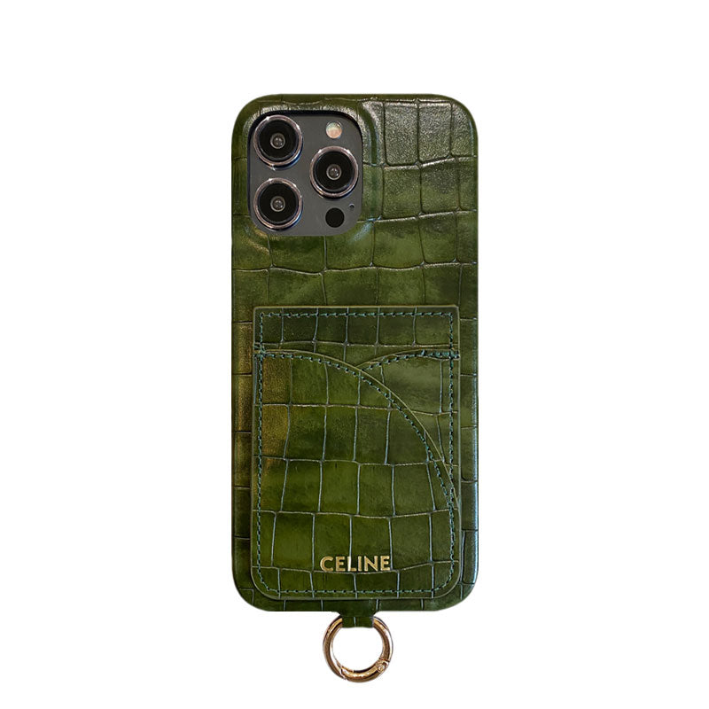 Alligator Print Celine iPhone Case With Card Holder And Strap Brown