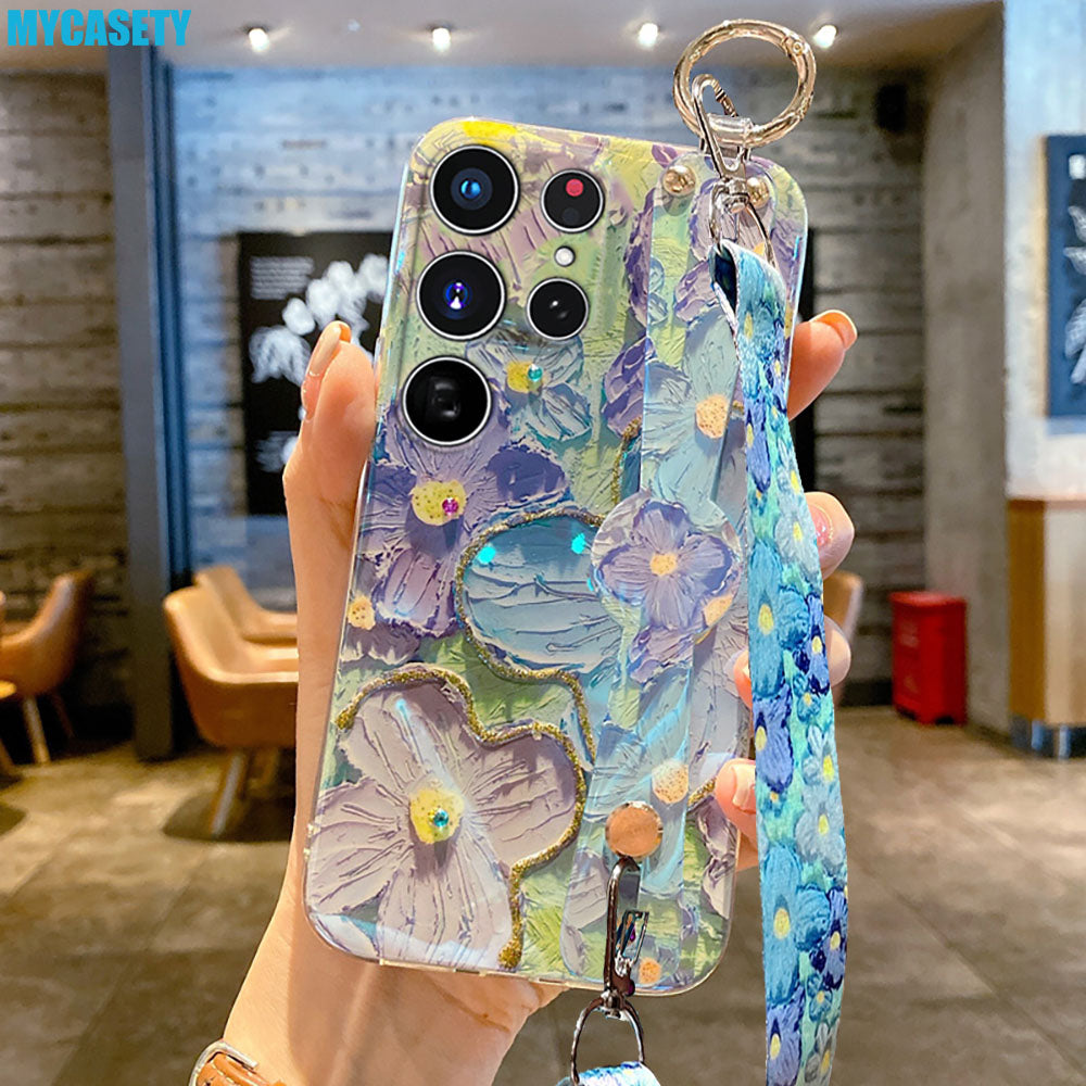 Purple Oil Painting Flower Wristband Holder With Lanyard Galaxy Phone Case