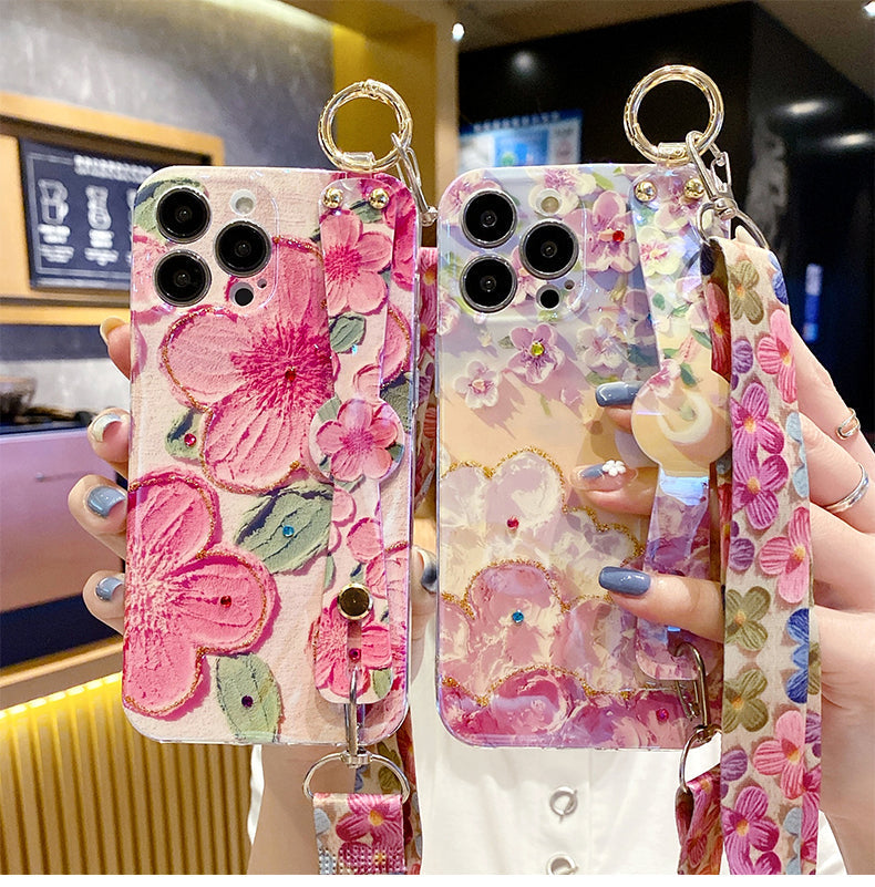 New Oil Painting Flower Wristband iPhone Case with Messenger Rope