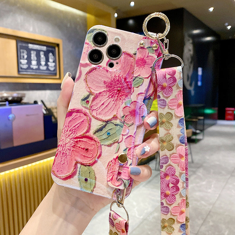 New Oil Painting Flower Wristband iPhone Case with Messenger Rope