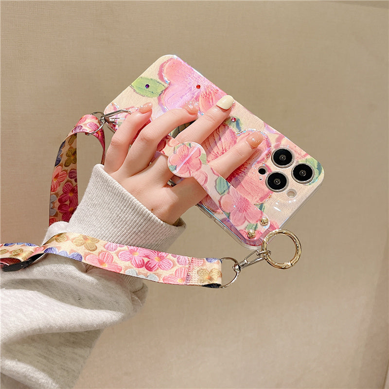 New Oil Painting Flower Wristband iPhone Case with Messenger Rope
