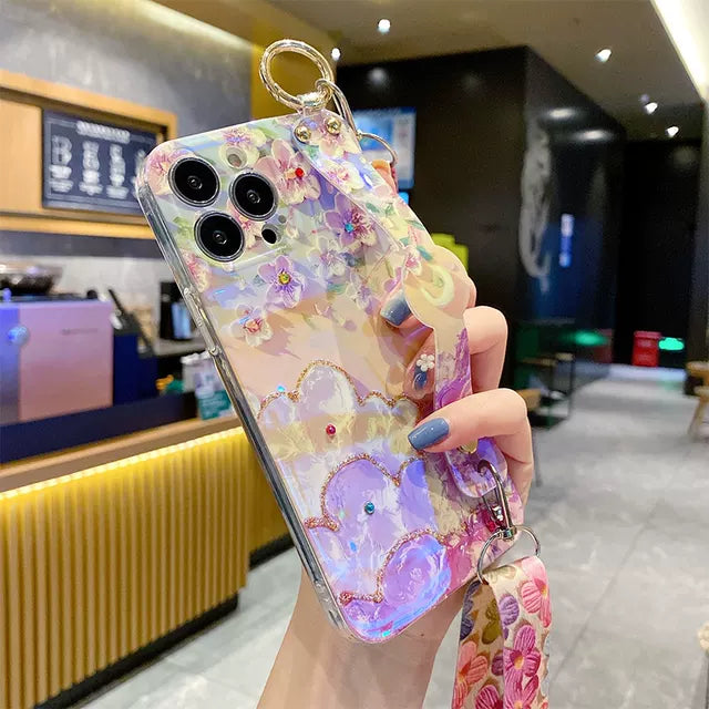 New Oil Painting Flower Wristband iPhone Case with Messenger Rope