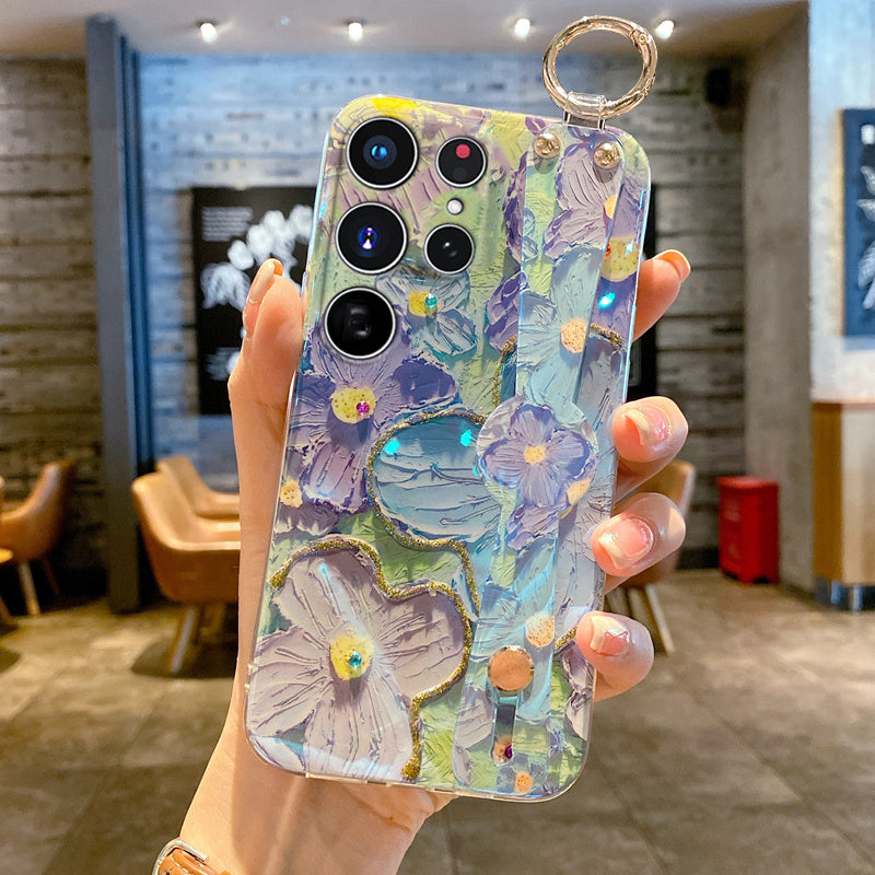 Purple Oil Painting Flower Wristband Holder With Lanyard Galaxy Phone Case