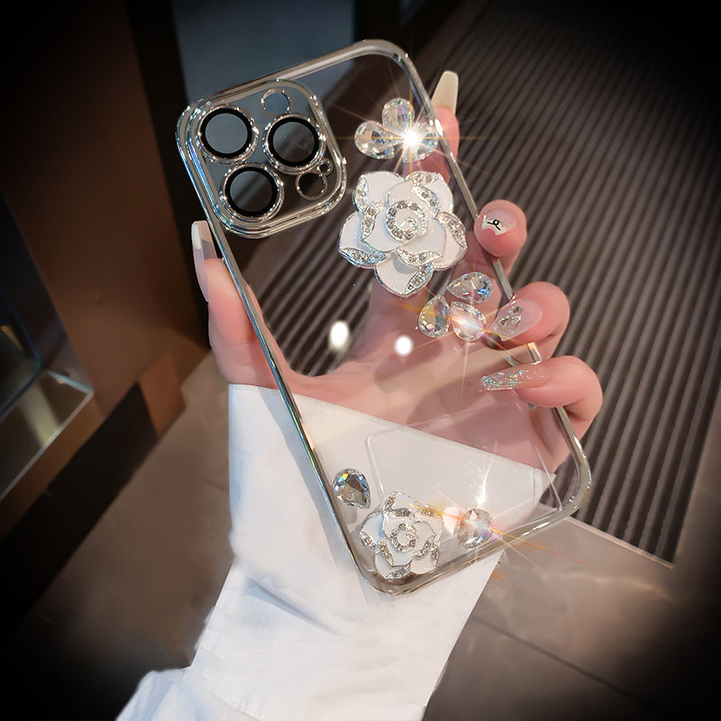 Luxury Camellia Transparent iPhone case with Lens Film