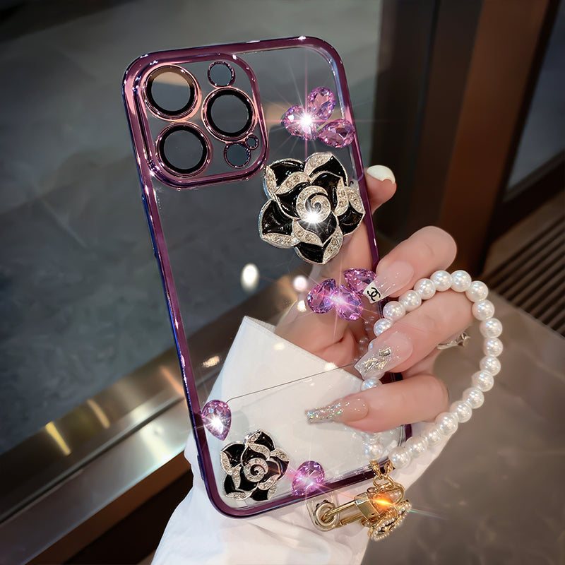 Luxury Camellia Transparent iPhone case with Lens Film