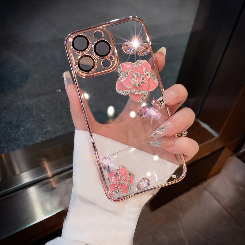Luxury Camellia Transparent iPhone case with Lens Film