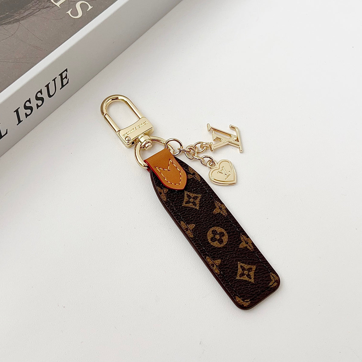 Luxury Leather Keychain Charm with Gold Accents