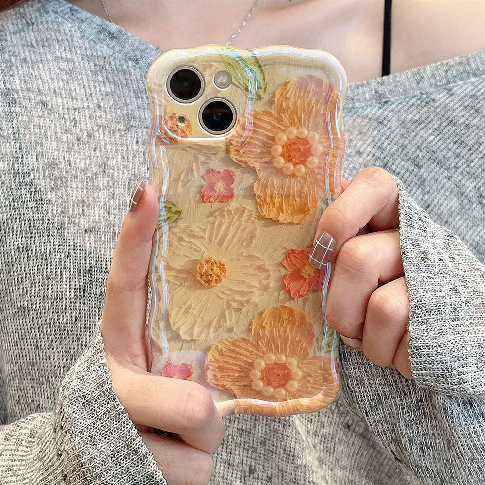Custodia per iPhone con fiori dipinti a olio e perle di lusso