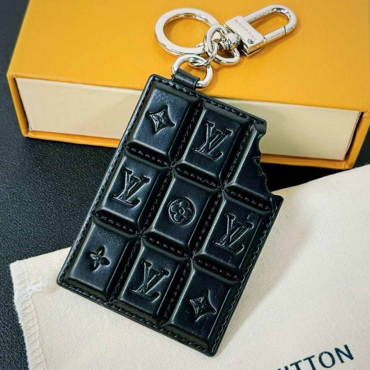 Quilted Chocolate-Style Leather Keychain