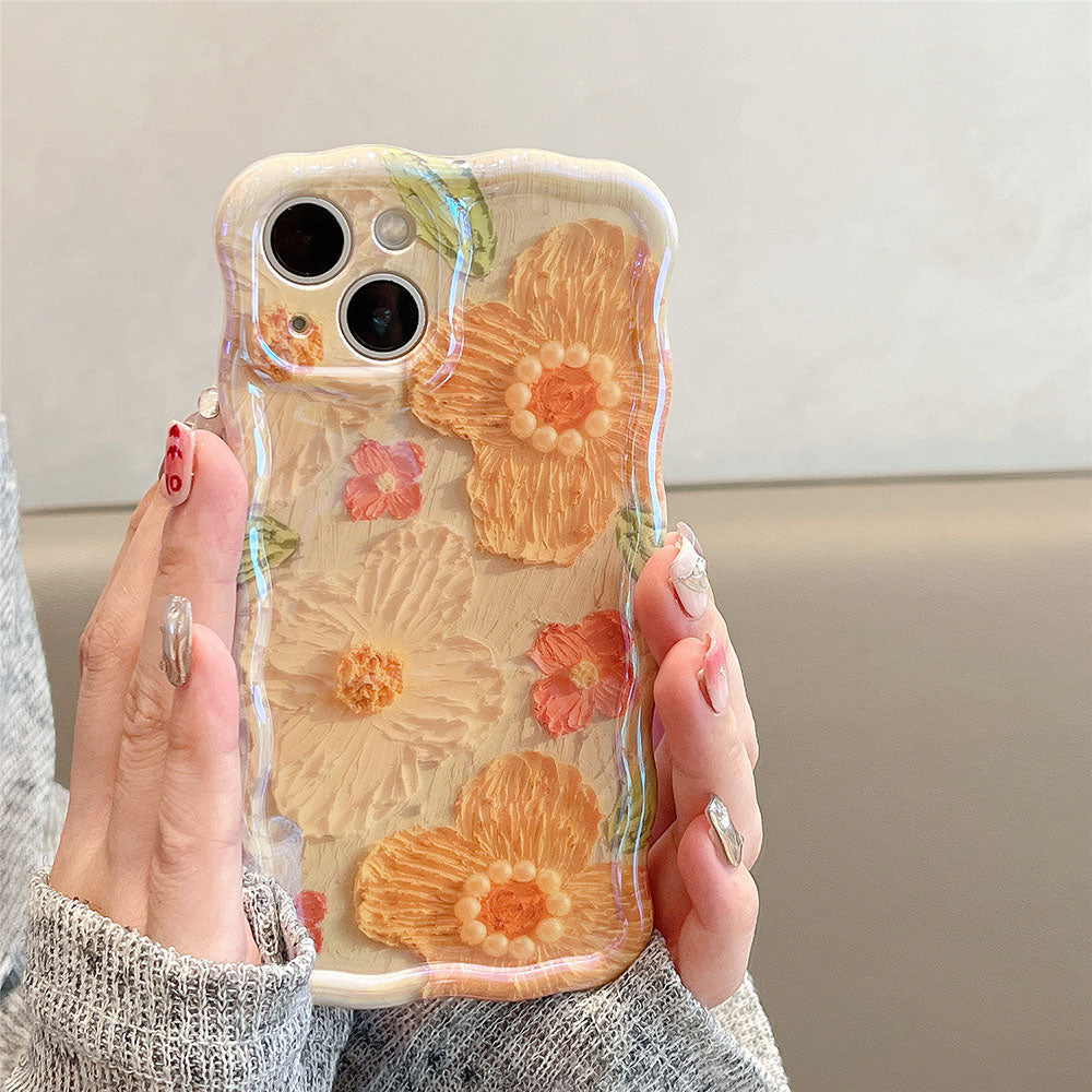 Custodia per iPhone con fiori dipinti a olio e perle di lusso