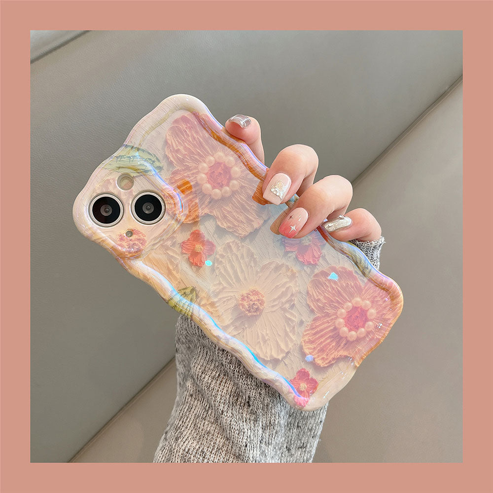 Custodia per iPhone con fiori dipinti a olio e perle di lusso