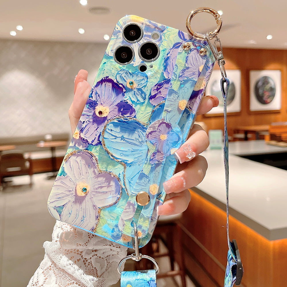 Purple Oil Painting Flower Wristband Holder with Lanyard iPhone Case