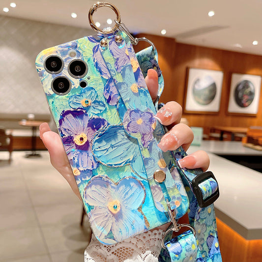 Purple Oil Painting Flower Wristband Holder with Lanyard iPhone Case