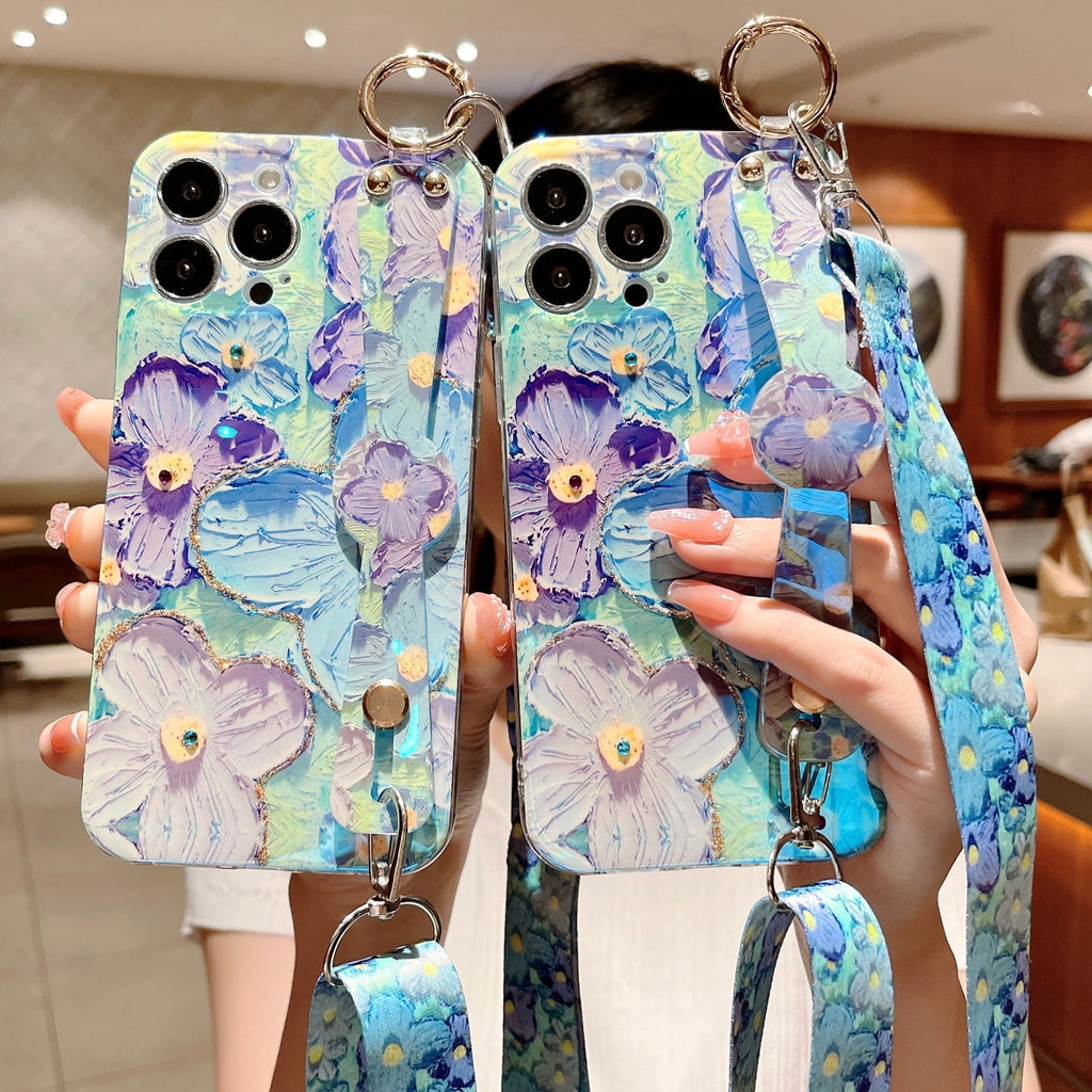 Purple Oil Painting Flower Wristband Holder With Lanyard Galaxy Phone Case