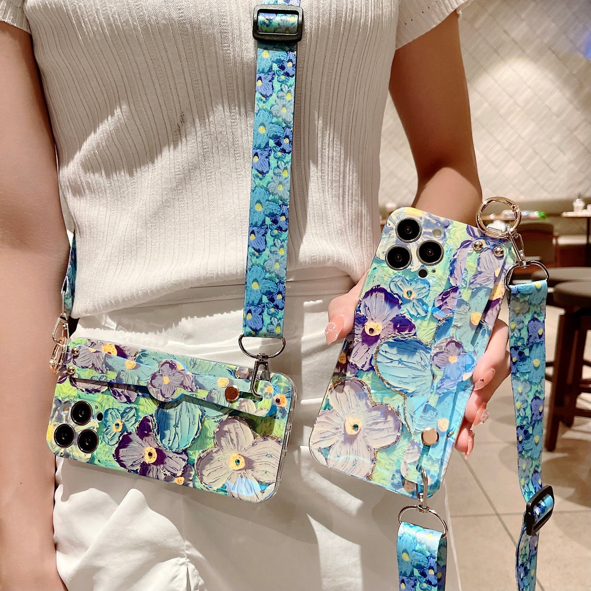 Purple Oil Painting Flower Wristband Holder With Lanyard Galaxy Phone Case