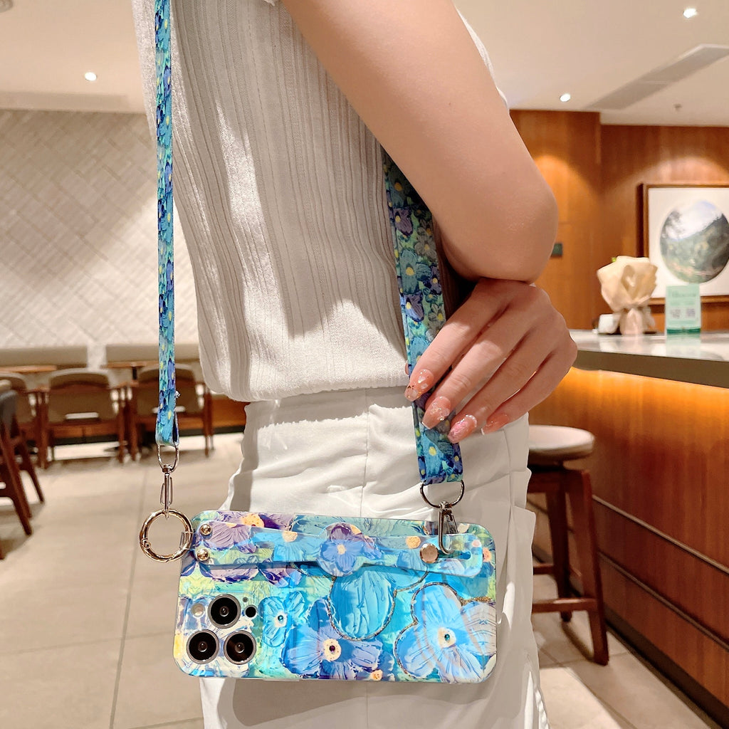 Purple Oil Painting Flower Wristband Holder With Lanyard Galaxy Phone Case