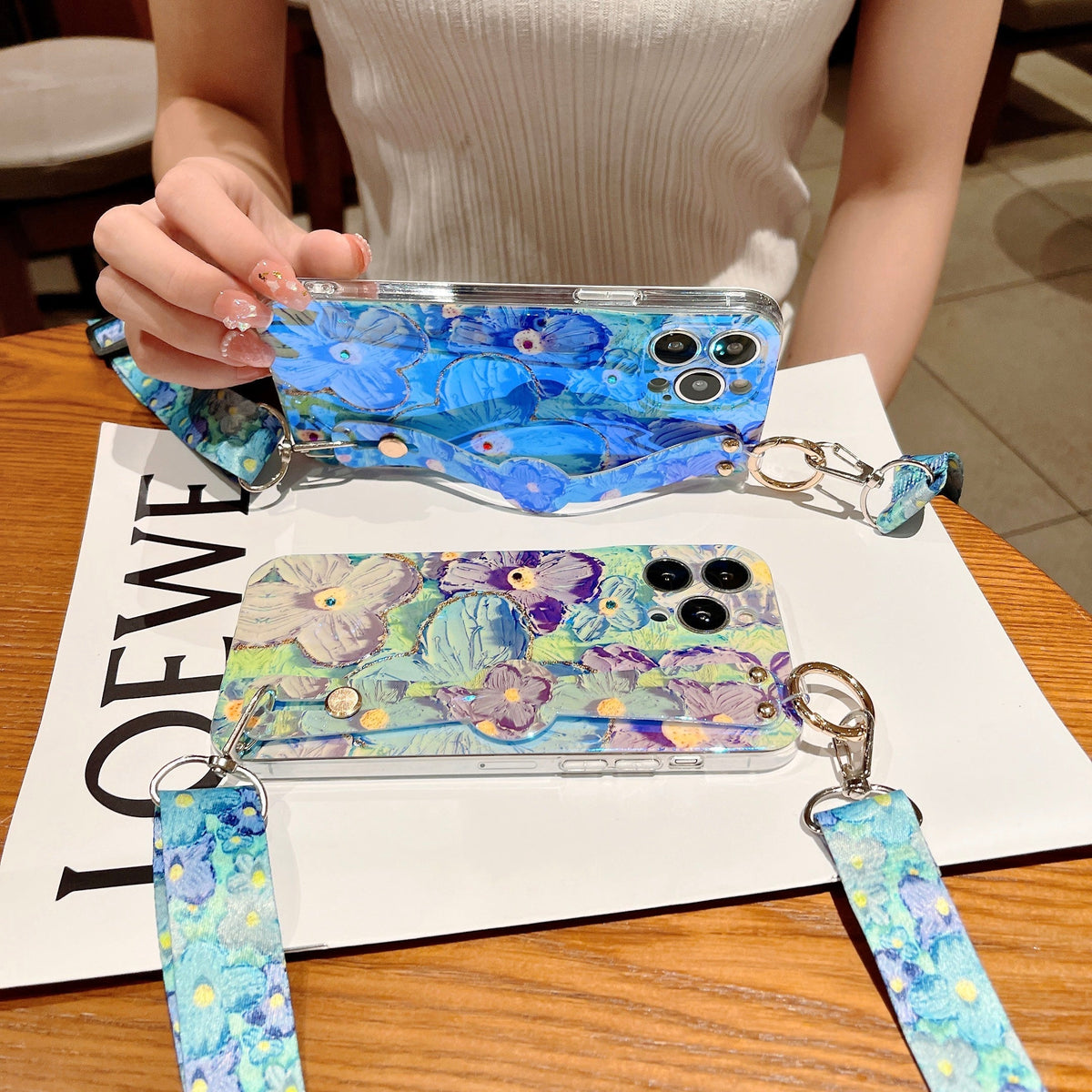 Purple Oil Painting Flower Wristband Holder With Lanyard Galaxy Phone Case
