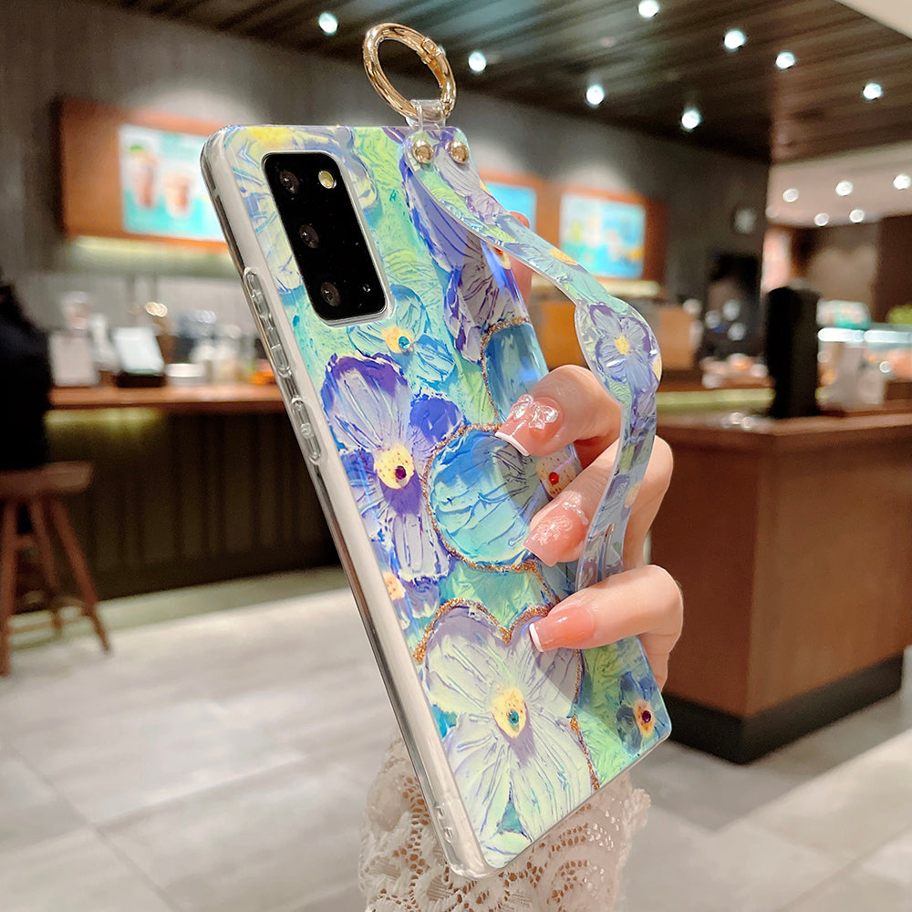 Purple Oil Painting Flower Wristband Holder With Lanyard Galaxy Phone Case