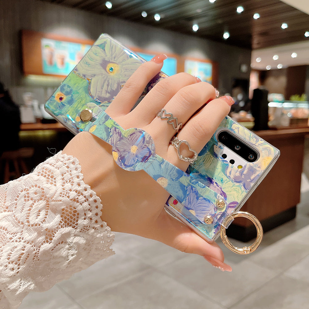 Purple Oil Painting Flower Wristband Holder With Lanyard Galaxy Phone Case