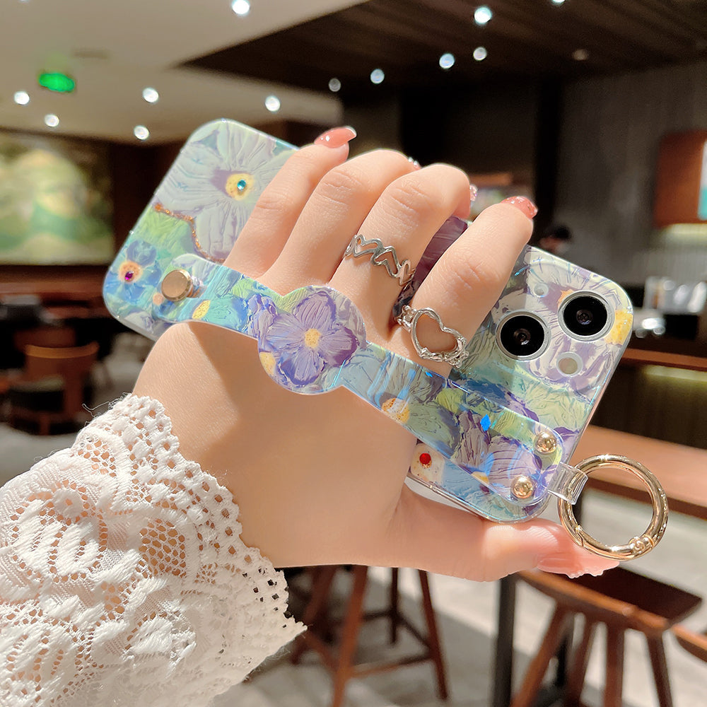 Purple Oil Painting Flower Wristband Holder with Lanyard iPhone Case