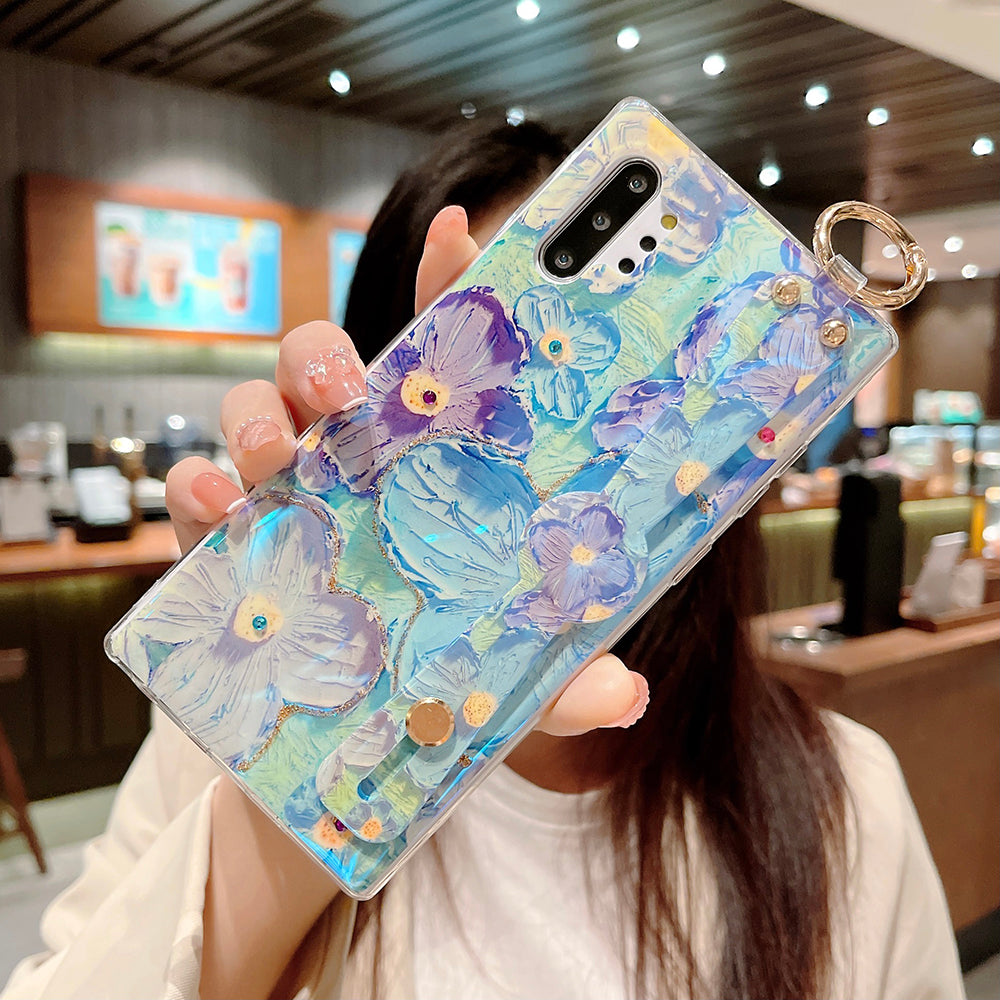 Purple Oil Painting Flower Wristband Holder With Lanyard Galaxy Phone Case
