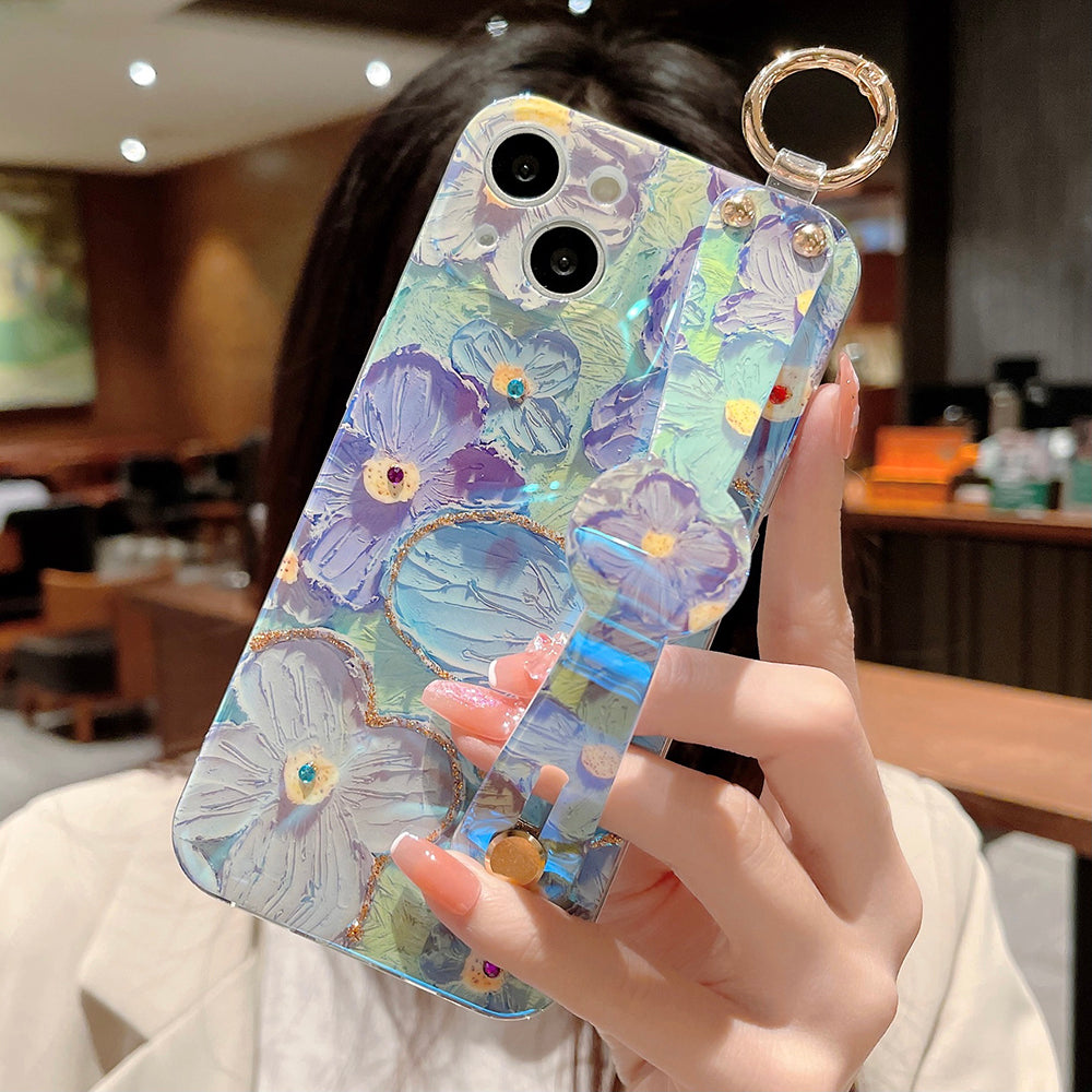 Purple Oil Painting Flower Wristband Holder with Lanyard iPhone Case