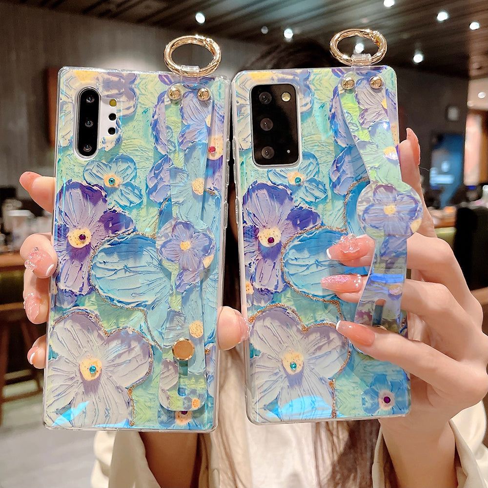 Purple Oil Painting Flower Wristband Holder With Lanyard Galaxy Phone Case