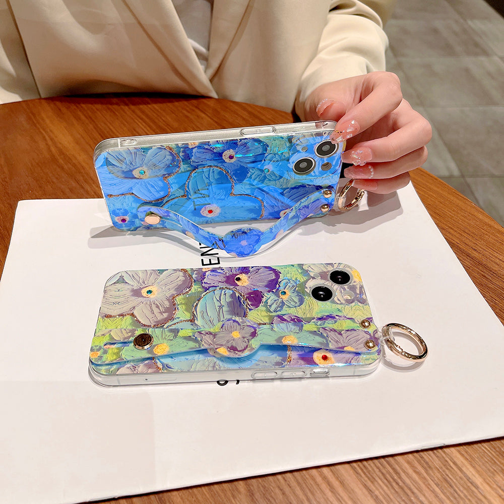 Purple Oil Painting Flower Wristband Holder with Lanyard iPhone Case